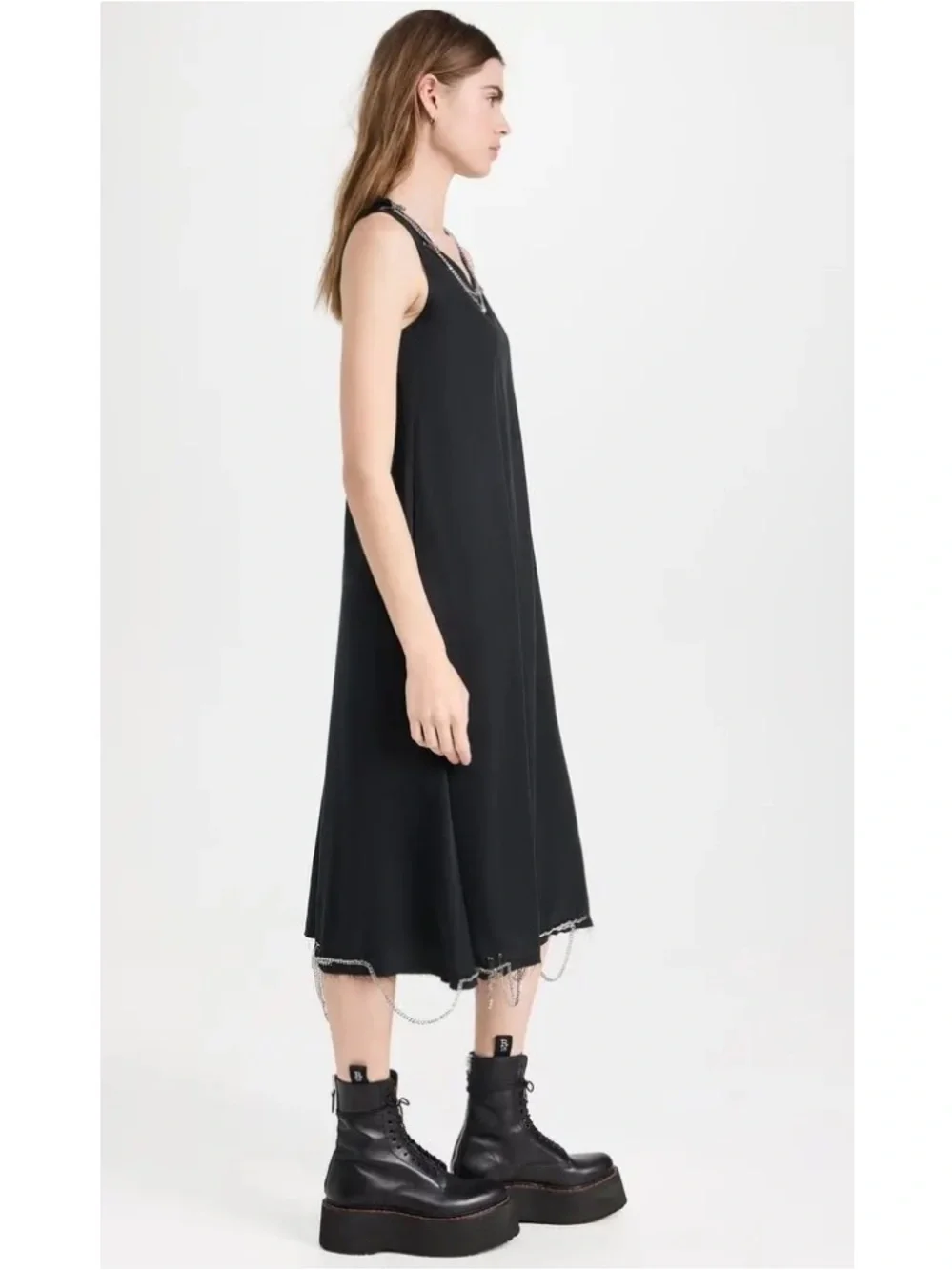 R13 Black Sleeveless Midi Dress with Chain at Neck & Hem